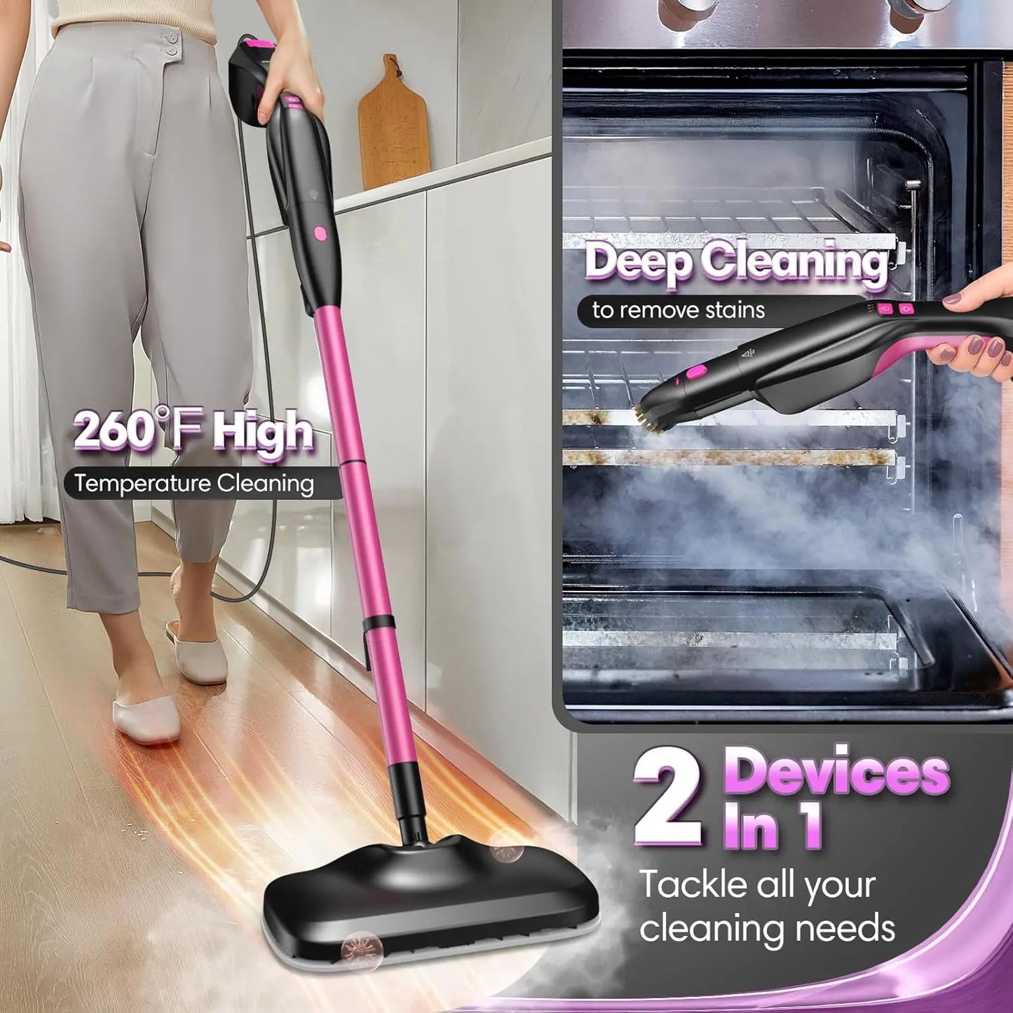 Standable Steam Mop Cleaner with 18 Attachments for Deep Cleaning Floors, Tiles, Grout - Multi-Purpose & Heavy Duty