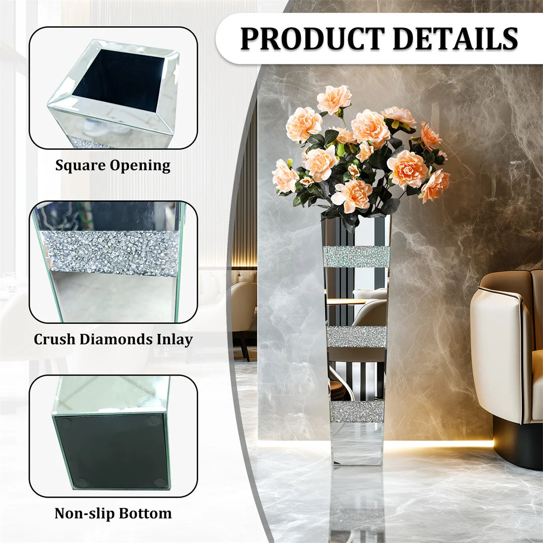 28” Tall Decorative Crystal Silver Floor Flower Vase Standing Mirrored Flower Vase Floral Arrangement Vase