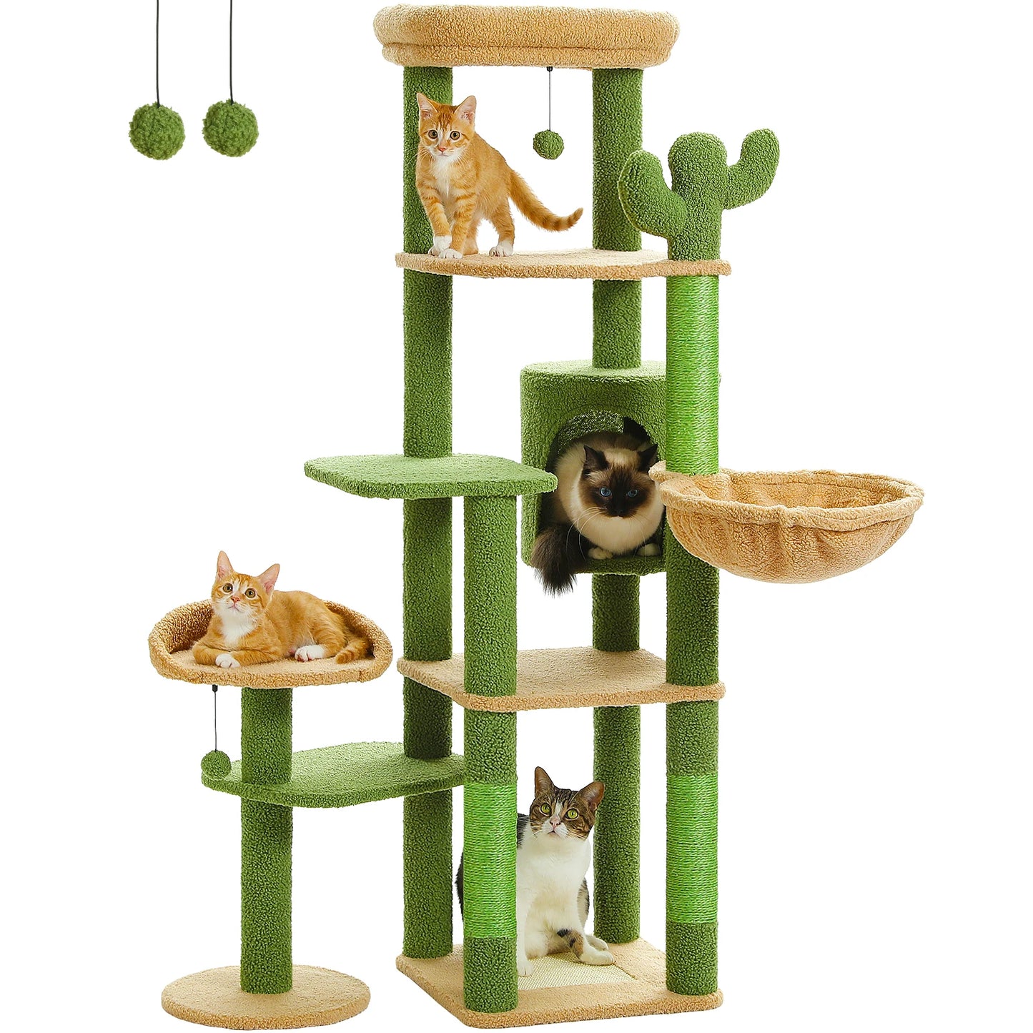 Multi-Level Cat Tree with Scratching Post Hammock Large Perches Hanging Balls Tall Cat Tower for Indoor Spacious Cat Condo House