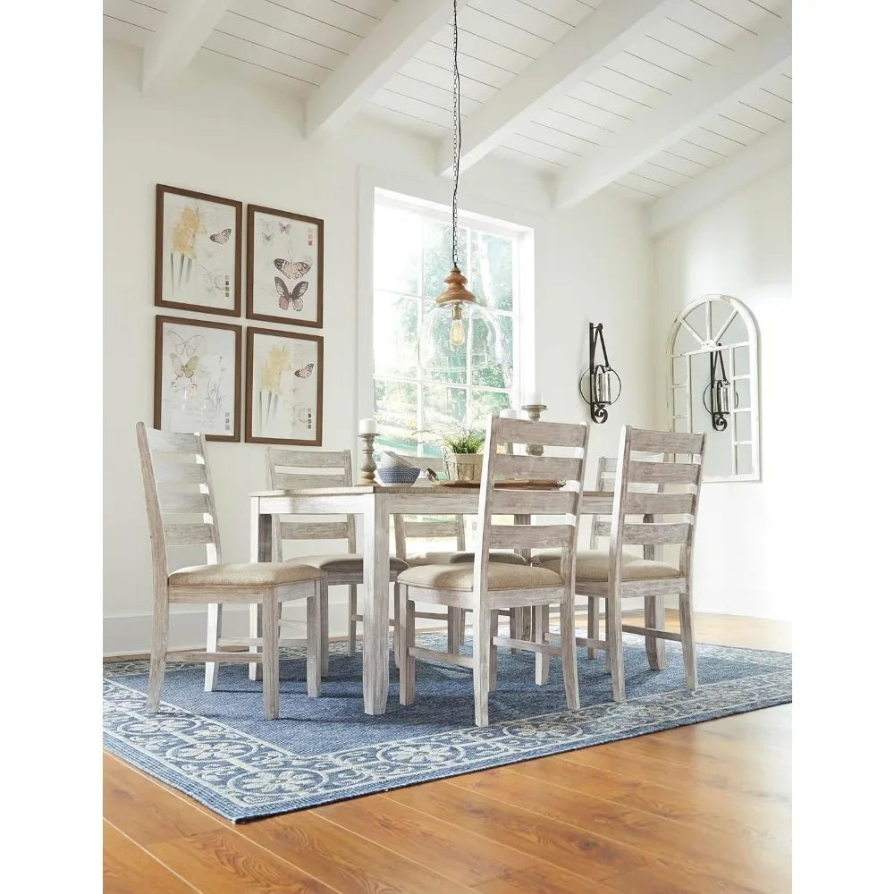 Dining Room Table Set with 6 Upholstered Chairs, Whitewash