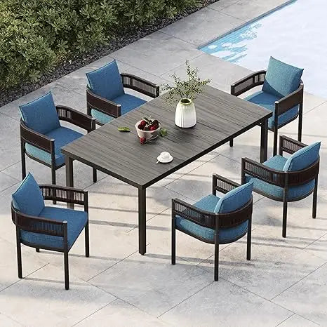 Outdoor Dining Set for 6, 7 PCS Patio Table and Chairs Set, Metal Woven Wicker Fixed Patio Chairs with Thickened Cushions & 1 R