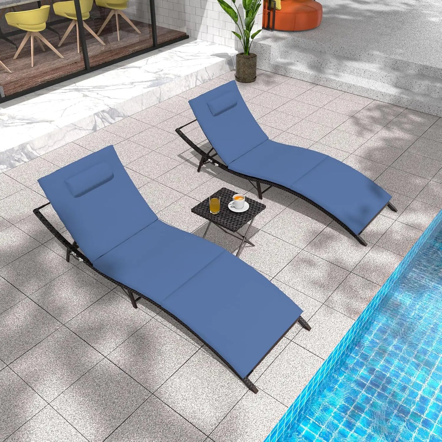 Patio Chaise Lounge Set 3 Pieces Pool Lounge Chairs,Cushioned Outdoor Folding Lounge Chair w/Arm and Rattan Adjustable Backrest