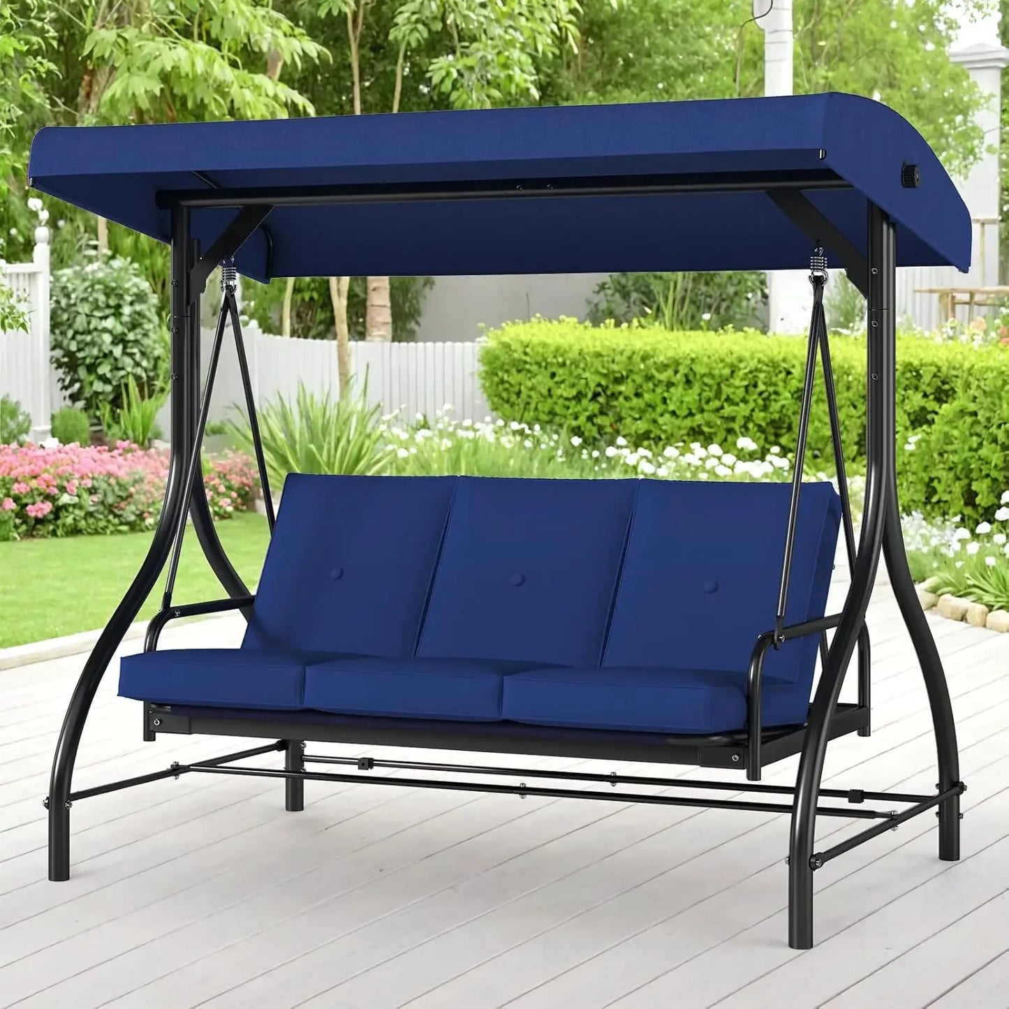 3-Seat Outdoor Patio Swing Chair with Adjustable Canopy And Backrest Adult Porch Swing Bed Thickened for Garden Backyard