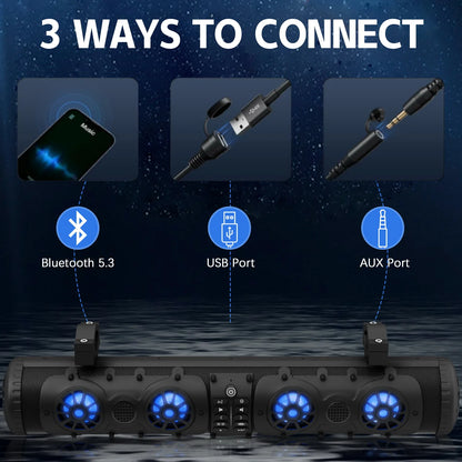 Sound Bar with 500W Peak Power IP66 Waterproof Bluetooth 5.3 RGB Beat Sync Light Easy Installation Full Range Speakers for Outdo