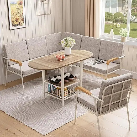 farmhouse-style 47" round dining table set for 4-6 with 4 chairs and storage rack, rustic wood design