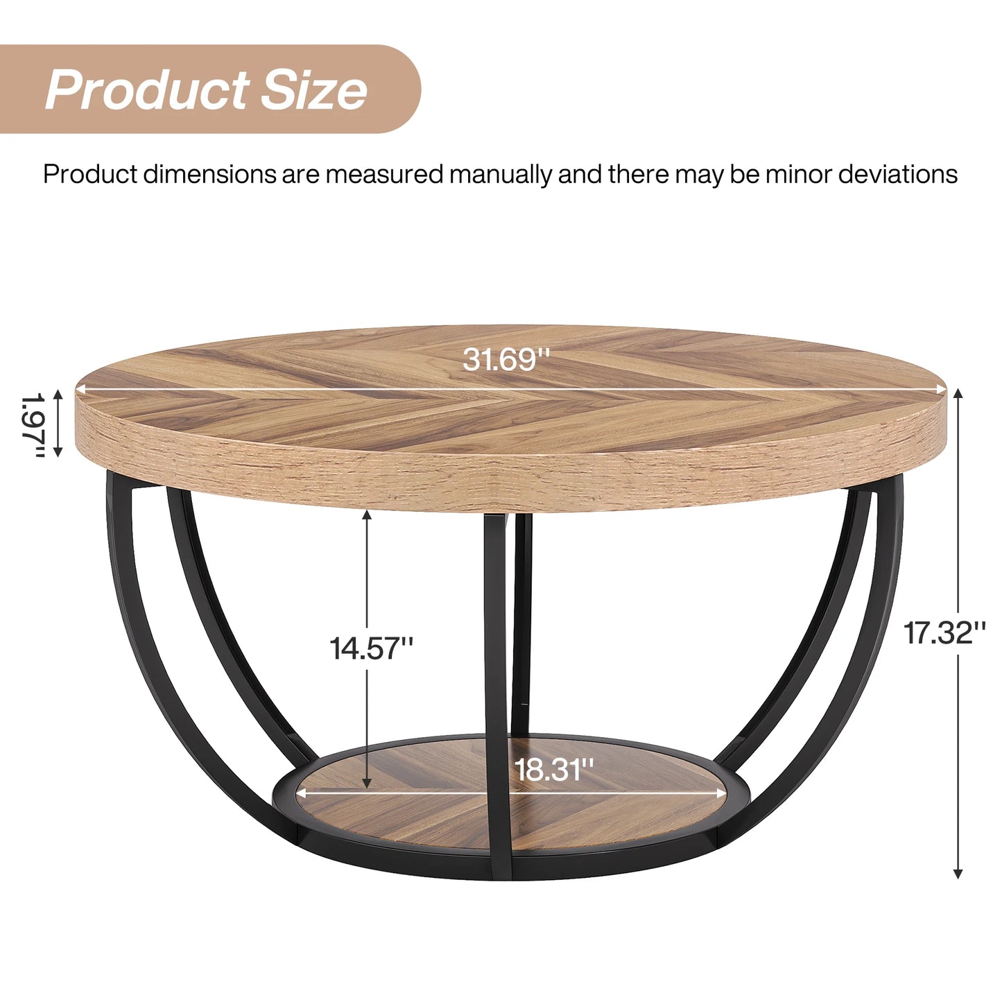 Tribesigns 31.7" Round Coffee Table, Industrial 2-Tier Circle Coffee Table with Storage Shelves, Modern Wooden Accent Center Tab