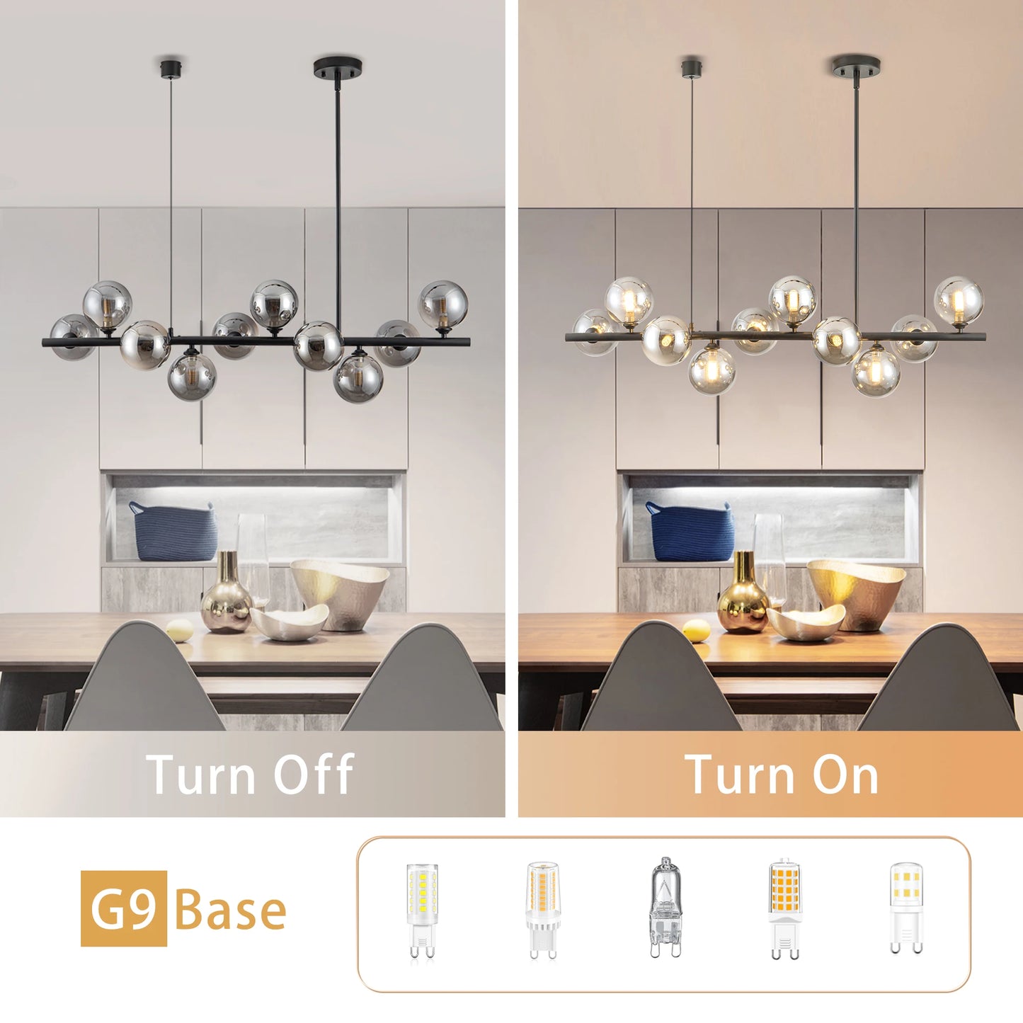 10-Light Matte Black Adjustable Chandelier with Smoked Glass Globe Shades Mid-Century Modern Style Pendant Light for Dining Room