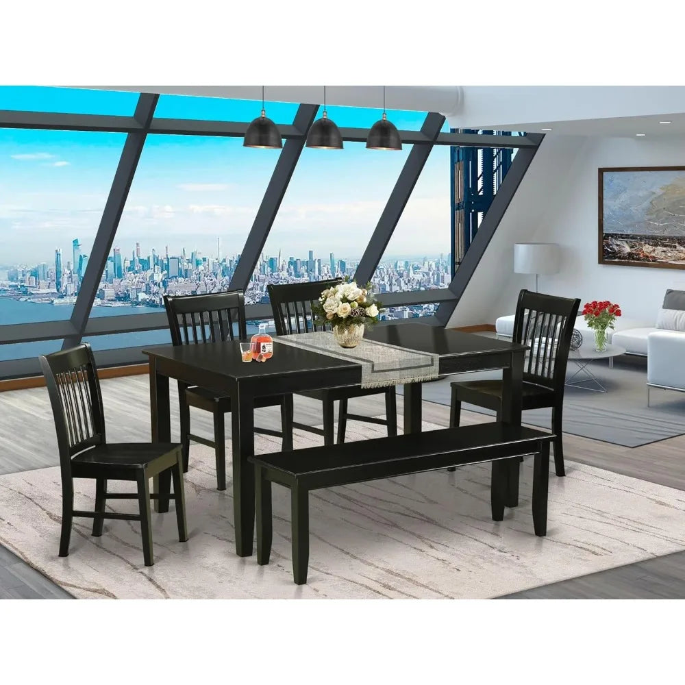 DUNO6-BLK-W 6 Piece Kitchen Table & Chairs Set Contains a Rectangle Dining Table and 4 Dining Room Chairs with a Bench, 36x60 I