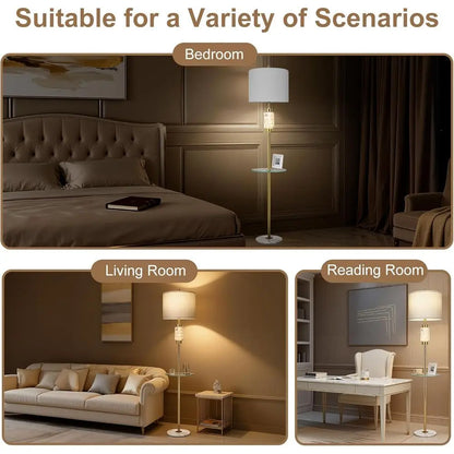 Living Room Lamp with Glass Tray and Night Light, Alabaster Bedroom Lamp, Tall Lamp with Linen Shade, Marble Base Standing Lamp