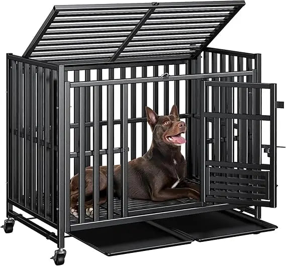42 inch heavy duty dog crate, upgraded thickened steel frame indestructible kennel for large & high anxiety dogs, escape proof d