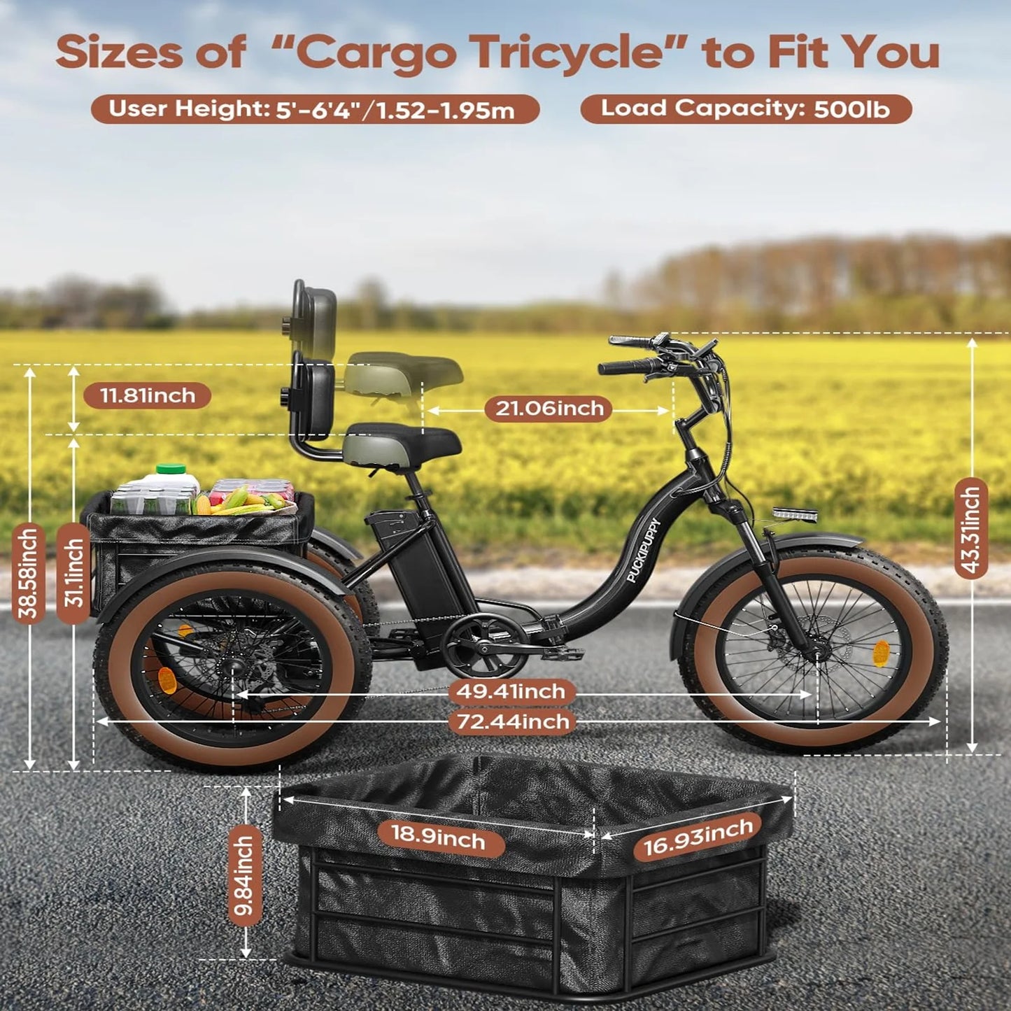 PUCKIPUPPY Electric Tricycle for Adults 20" Fat Tire 3 Wheel Electric Trike with 960W Rear Motor Cargo Tricycle Ebike