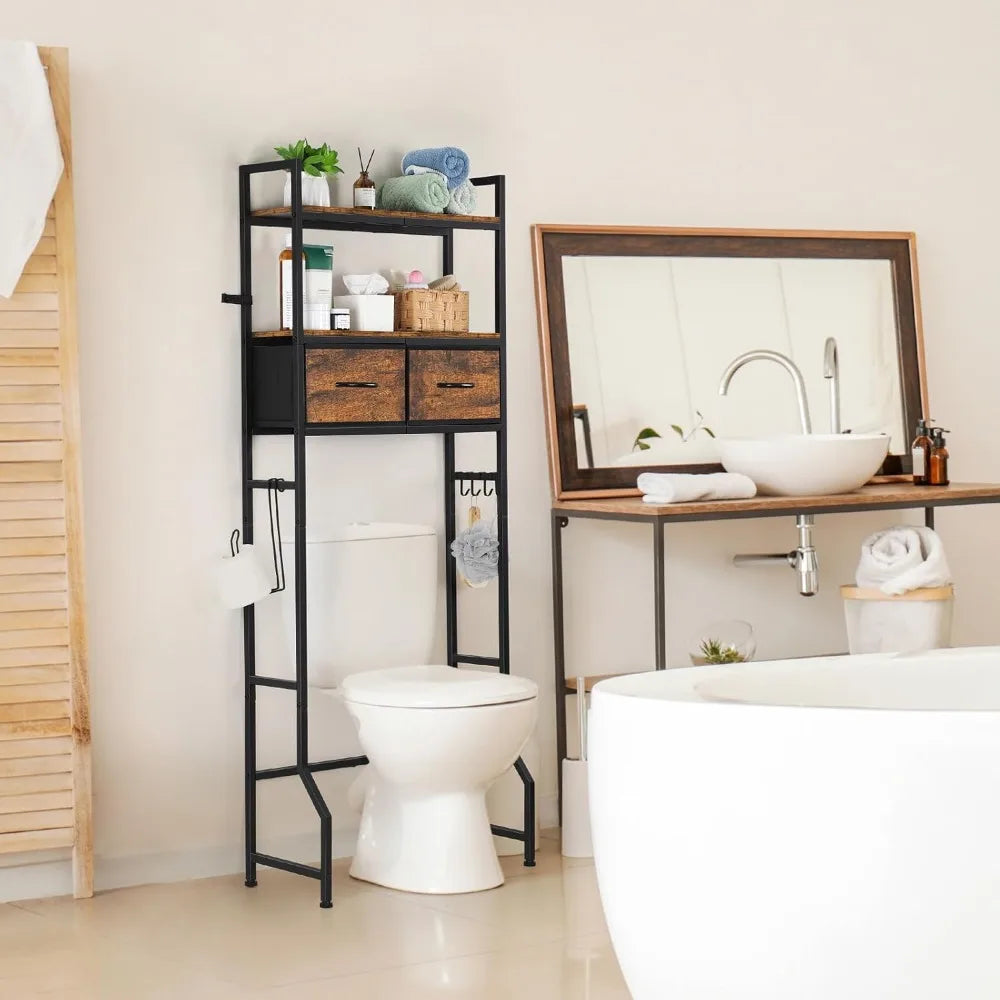 Over The Toilet Bathroom Storage Cabinet with Fabric Drawer, Tall Freestanding Shelf Organizer and Toilet Paper Holder in Brown
