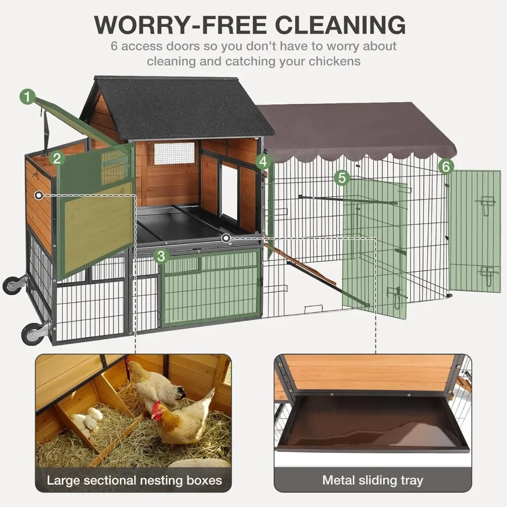 Chicken Coop with Wheels, Spacious 85 Metal Frame Chicken House with Nesting Box and Leakproof Pull on Tray