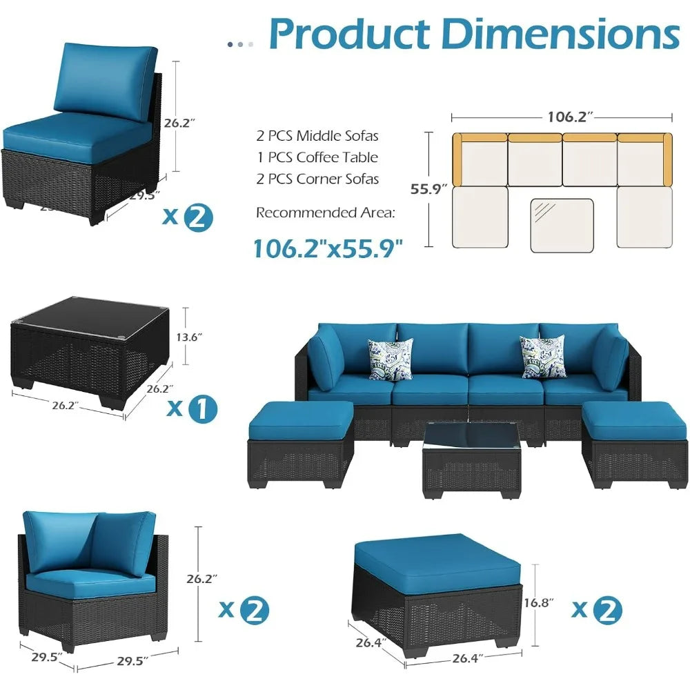 U-MAX 7 Piece Outdoor Patio Furniture Set, PE Rattan Outdoor Wicker Sectional Furniture Chair Set with Cushions and Tea Table, B