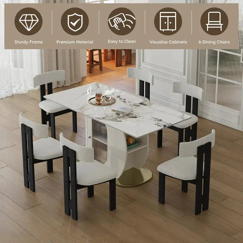 63-Inch Modern 4-6 Person Dining Table Set with Storage, Burnt Stone Top & Gold Wood Base, Includes 6 White Velvet Chairs for