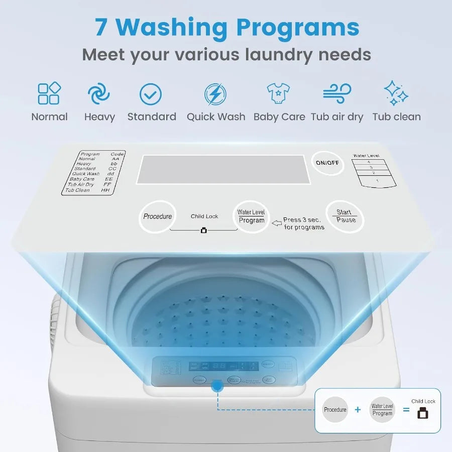 Portable Washing Machine 20 Lbs FullAutomatic with 7 Wash Cycles LED Display Electric Laundry Machine for Apartment RVs Dorms C