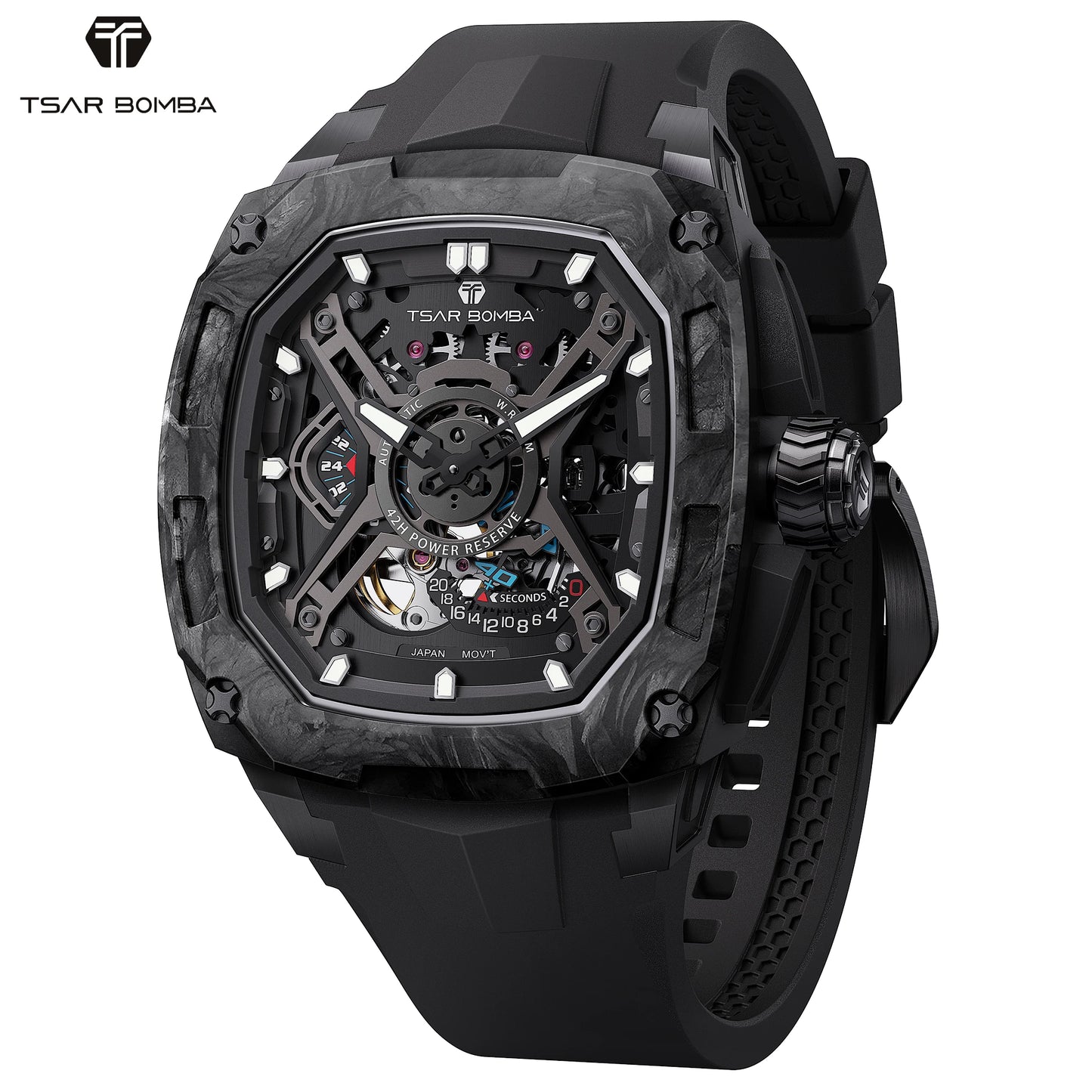 TSAR BOMBA Men's Luxury Mechanical Watch, Carbon Fiber Case, Luminous, 5ATM Waterproof, Viton Strap, Ideal Gift for Men
