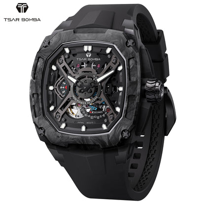 TSAR BOMBA Men's Luxury Mechanical Watch, Carbon Fiber Case, Luminous, 5ATM Waterproof, Viton Strap, Ideal Gift for Men