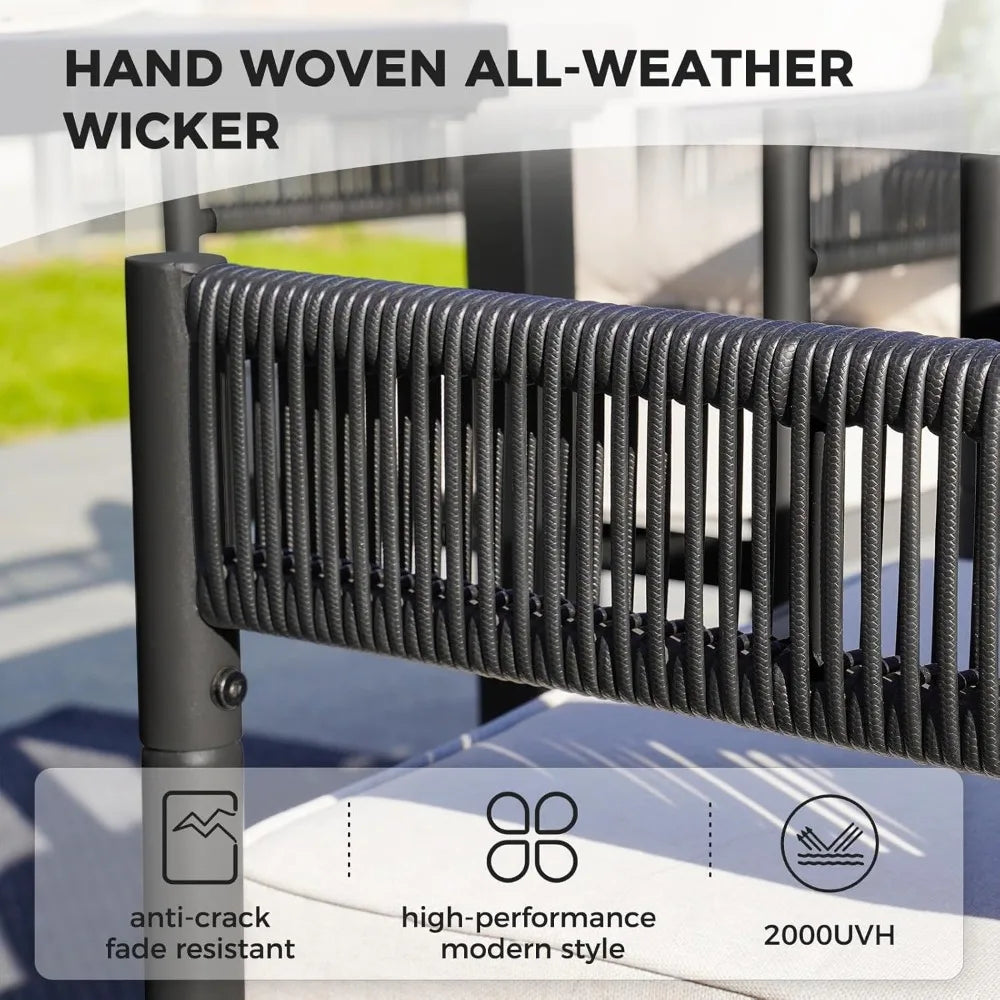 Outdoor Dining Set for 6, 7 PCS Patio Table and Chairs Set, Metal Woven Wicker Fixed Patio Chairs with Thickened Cushions & 1 R