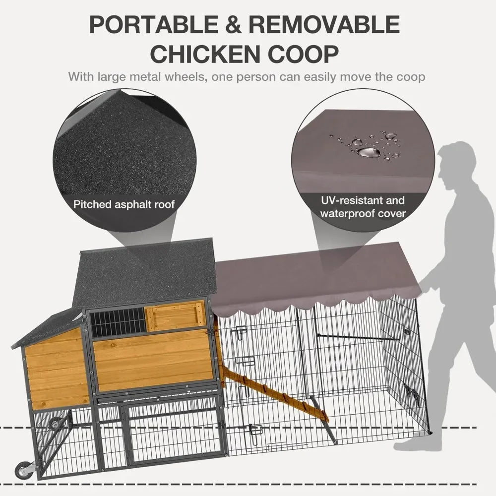 Chicken Coop with Wheels, Spacious 85 Metal Frame Chicken House with Nesting Box and Leakproof Pull on Tray
