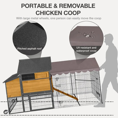 Chicken Coop with Wheels, Spacious 85 Metal Frame Chicken House with Nesting Box and Leakproof Pull on Tray
