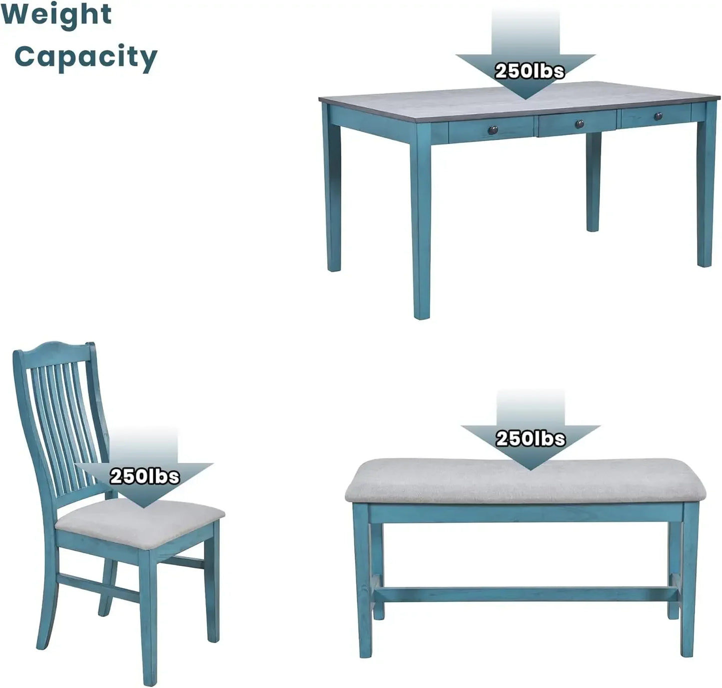 Dining Table Set for 6 with Chairs Blue, 6 Piece Kitchen Table and Bench Set with Storage Drawers, Farmhouse Table with Bench