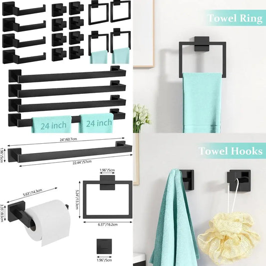Stainless Steel Wall-Mounted Towel Rack, 24 Inch Matte Black Bathroom Hardware Set with Towel Bar for Modern Home Decor