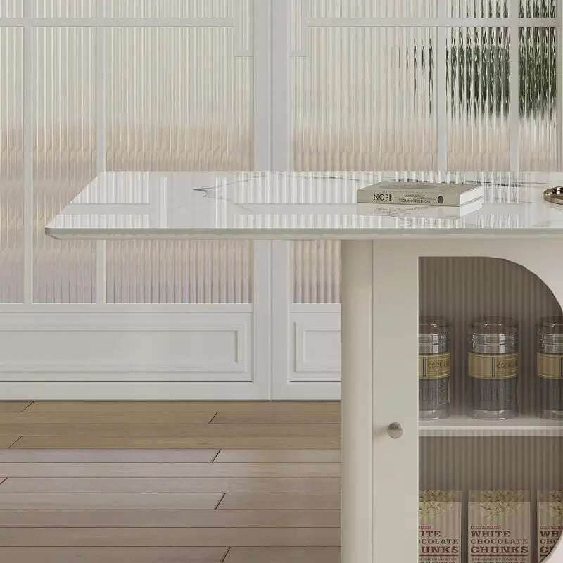 63-Inch Modern 4-6 Person Dining Table Set with Storage, Burnt Stone Top & Gold Wood Base, Includes 6 White Velvet Chairs for