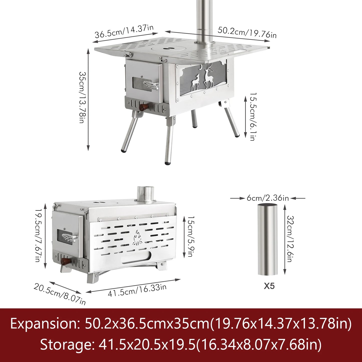 Pellet Stove Stainless Steel Portable Wood Burning Stove with Chimney Pipe Pellet Burner for Outdoor Cooking Hiking