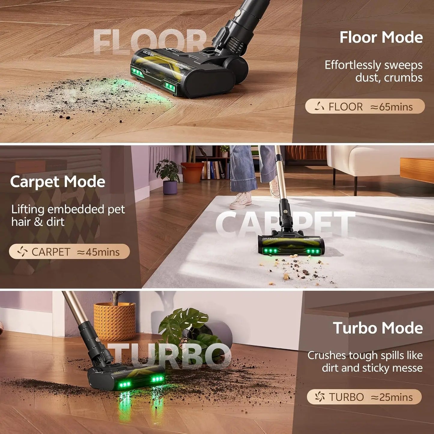 Cordless Vacuum Cleaner, 600W 60KPA 65Mins, Touch Screen Self-Standing for All Floors Pet Hair