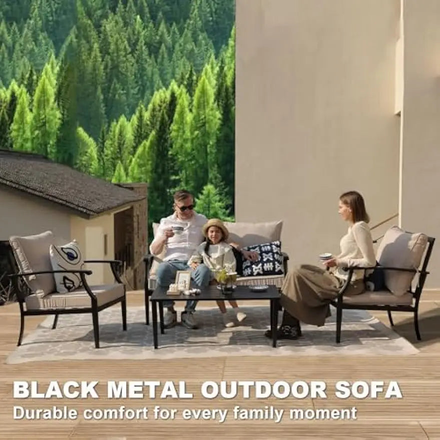 4-Piece Patio Furniture Set, Wider Outdoor Metal Seating Sofa with High Back & Loveseat, Coffee Table, All Weather Metal Convers