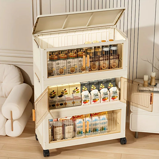 3/4/5-Tier Foldable Cabinet - Plastic Lidded Storage Box, Stackable w/Wheels, for Closet/Bedroom/Office/Kitchen, Decor & Rack