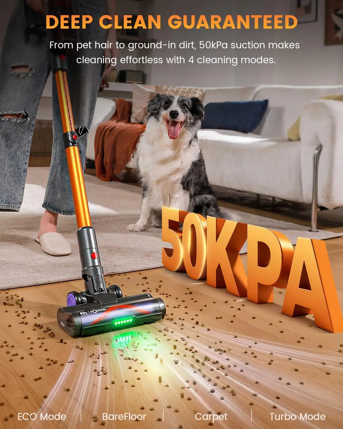 550W Cordless Vacuum Cleaner, 50kPa Suction, 80min Battery, Anti-Tangle Brush for Carpet & Pet Hair