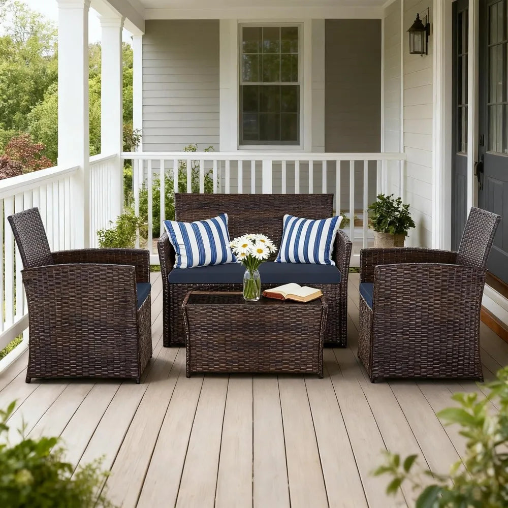 Patio Furniture Set, Outdoor Wicker Conversation Set, Rattan Sectional Sofa Couch with Glass Coffee Table & Thick Cushio