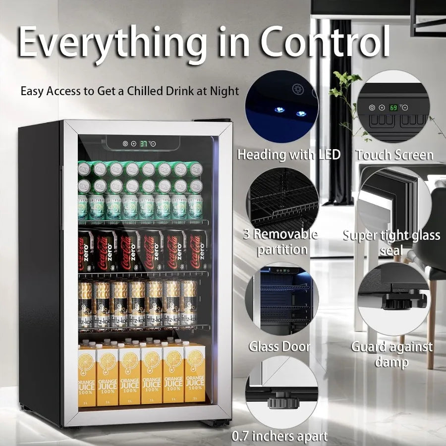 Compact 105 Can/3.0 Cu.Ft Mini Fridge for Soda Beer or Wine Portable Small Beverage Refrigerator with Digital Display Removable