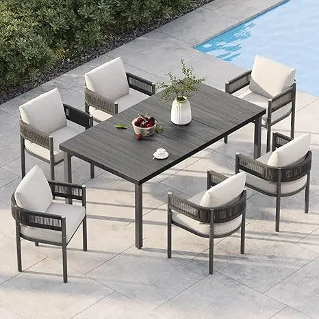 Outdoor Dining Set for 6, 7 PCS Patio Table and Chairs Set, Metal Woven Wicker Fixed Patio Chairs with Thickened Cushions & 1 R