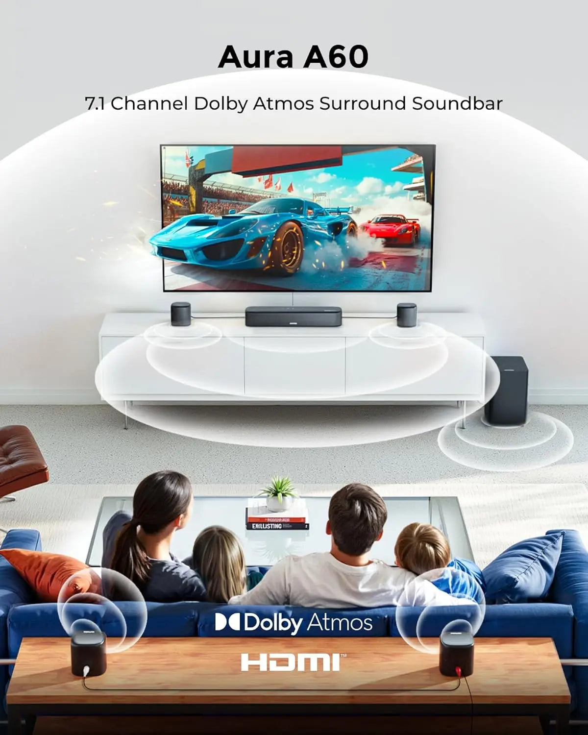 7.1ch Dolby Atmos Sound Bar with 4 Surround Speakers, Subwoofer, HDMI eARC for Smart TV Home Theater