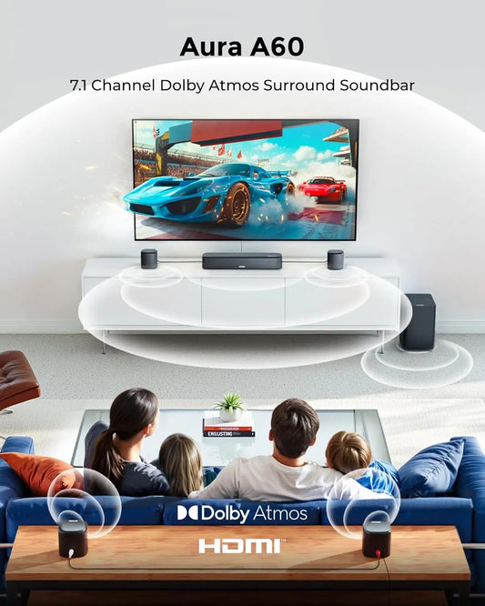 7.1ch Dolby Atmos Sound Bar with 4 Surround Speakers, Subwoofer, HDMI eARC for Smart TV Home Theater