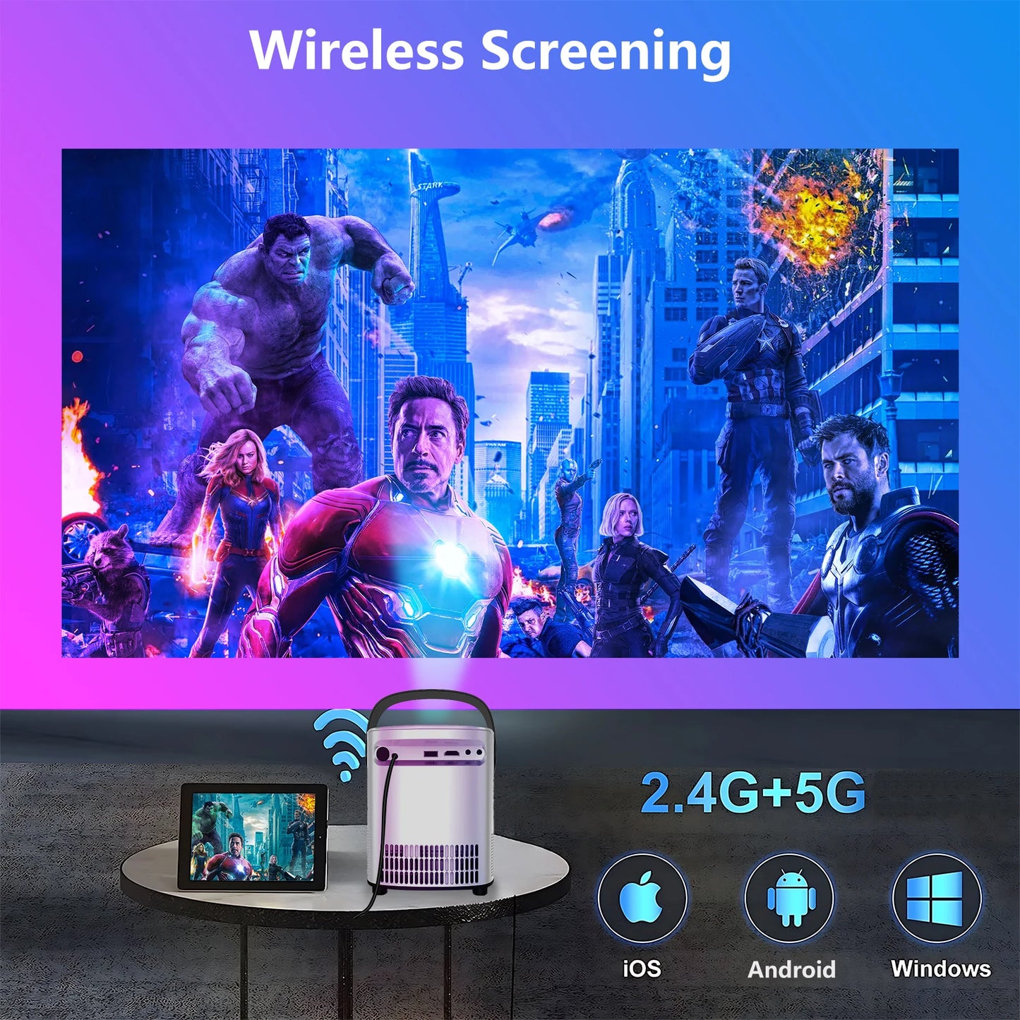 Projector with WiFi and Bluetooth Native 1080p Support 4K 12000 Lumens Portable Integrated Folding Handheld bracket, Model:T2