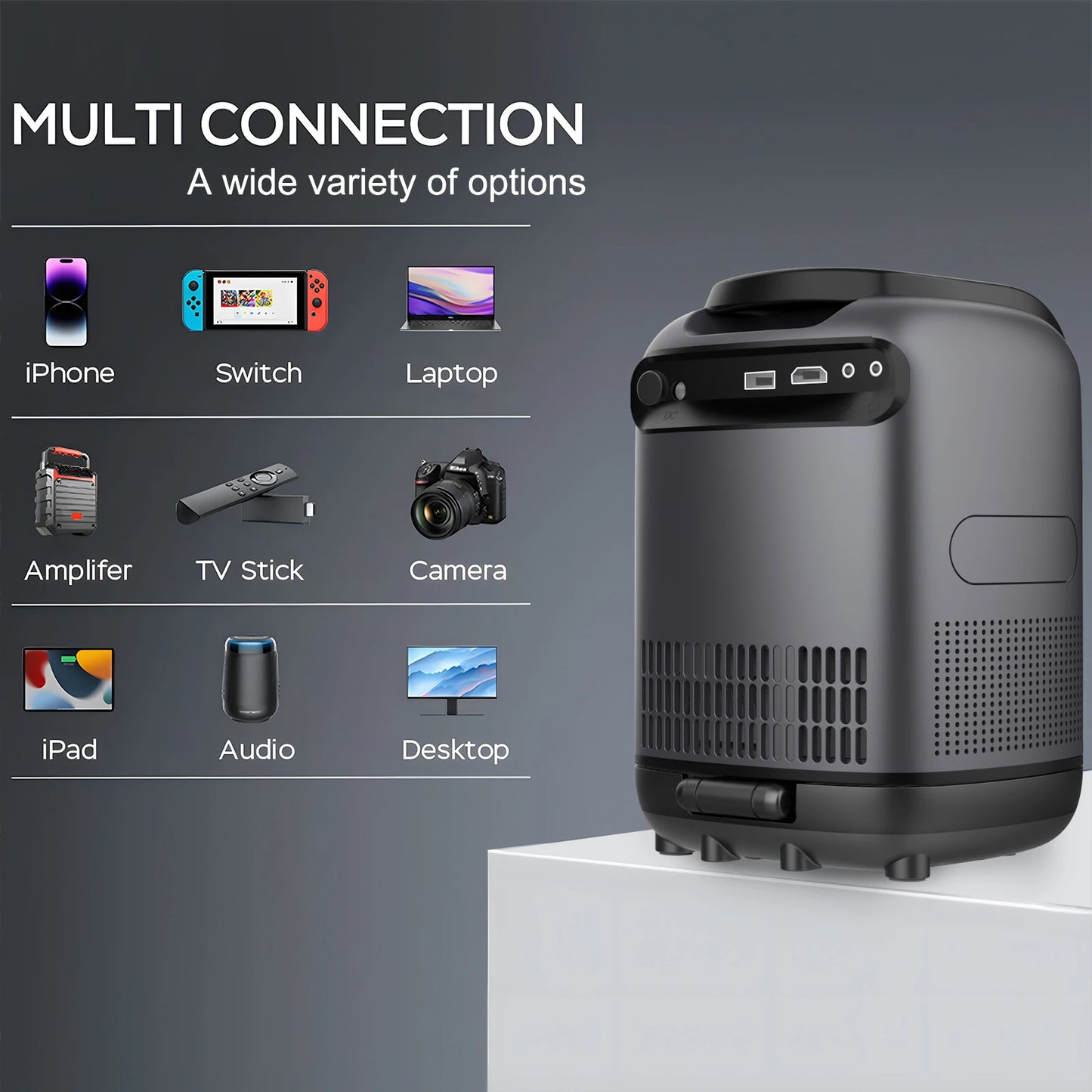 Projector  Android Native 1080p Support 4K Wall Mount Design  with 180°Adjustable Stand Portable  WiFi Bluetooth, Model:TZ1