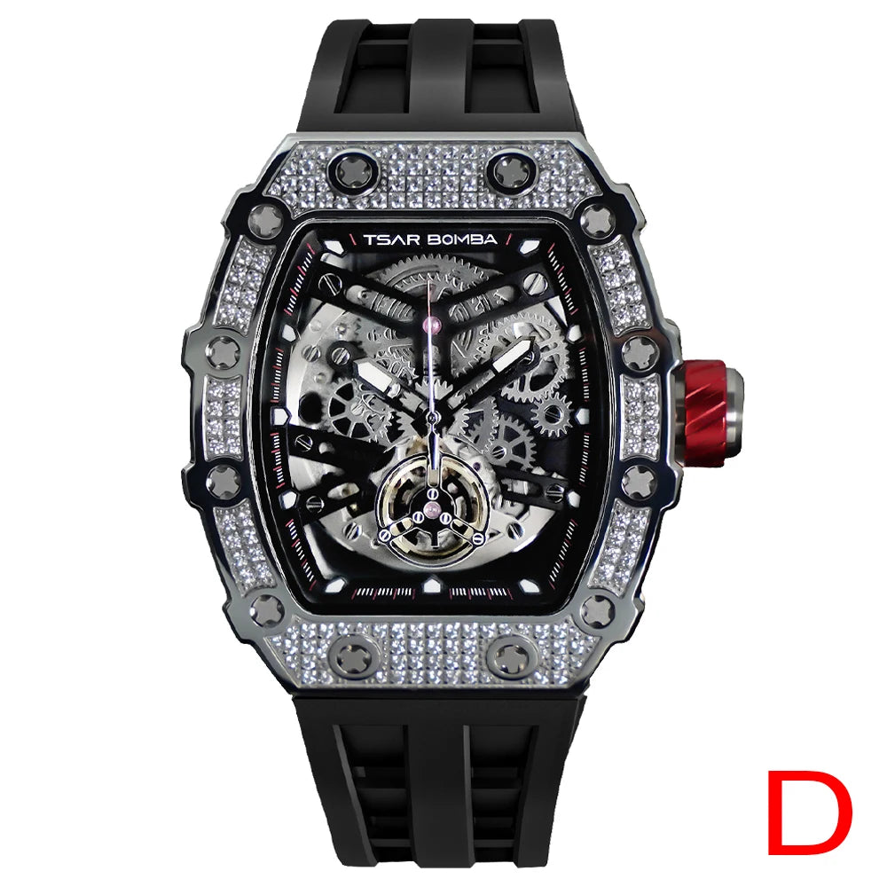 TSAR BOMBA Mens Automatic Watch Diamond Mechanical Wristwatch Waterproof Carbon Fiber Clock Fashion Skeleton Watch for Men