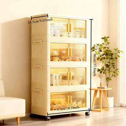 3/4/5-Tier Foldable Cabinet - Plastic Lidded Storage Box, Stackable w/Wheels, for Closet/Bedroom/Office/Kitchen, Decor & Rack