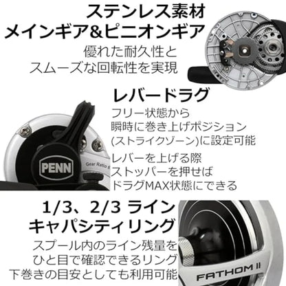 Fathom II Lever Drag 2 Speed 15LD2 Conv Reel Box Black Silver Fishing Reel with High-Speed Retrieval and Durable Black Silver F
