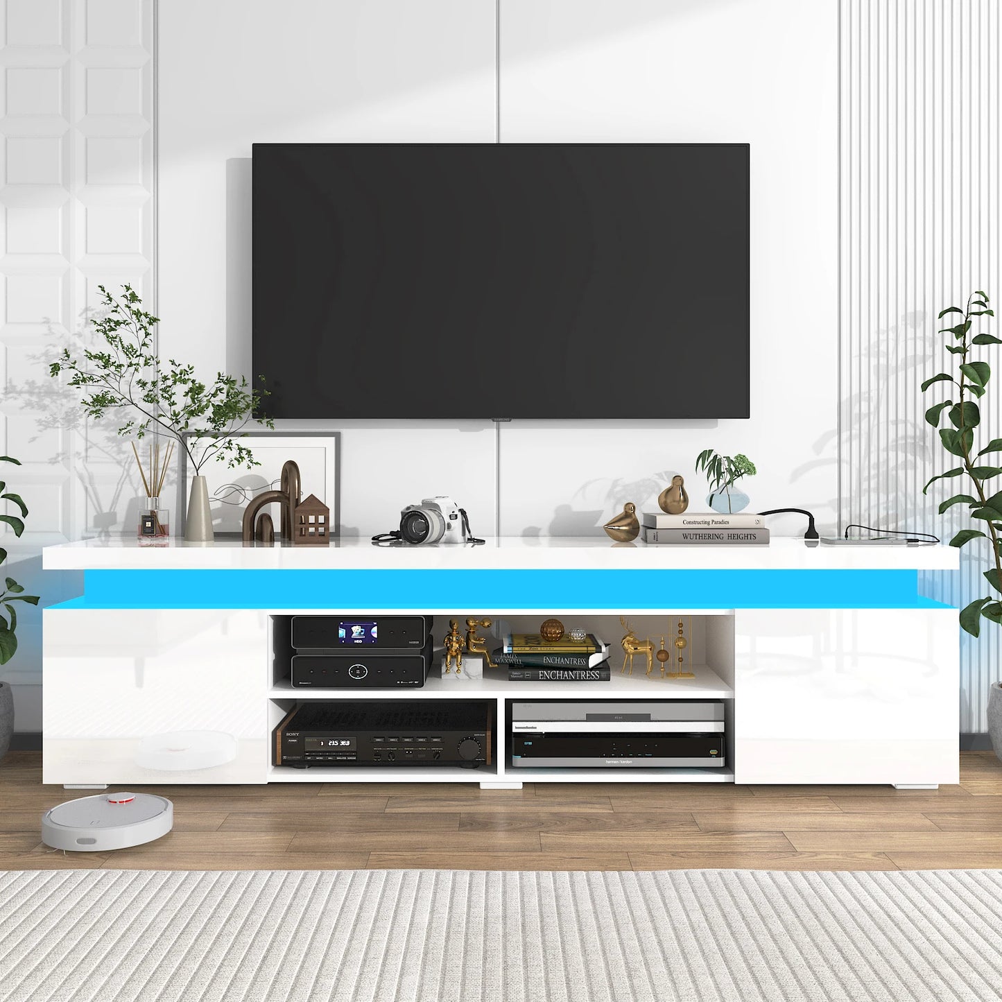74'' LED TV Stand for Televisions up to 65'' Modern TV Cabinet with Power Outlet, High Gloss Entertainment Center with Storage