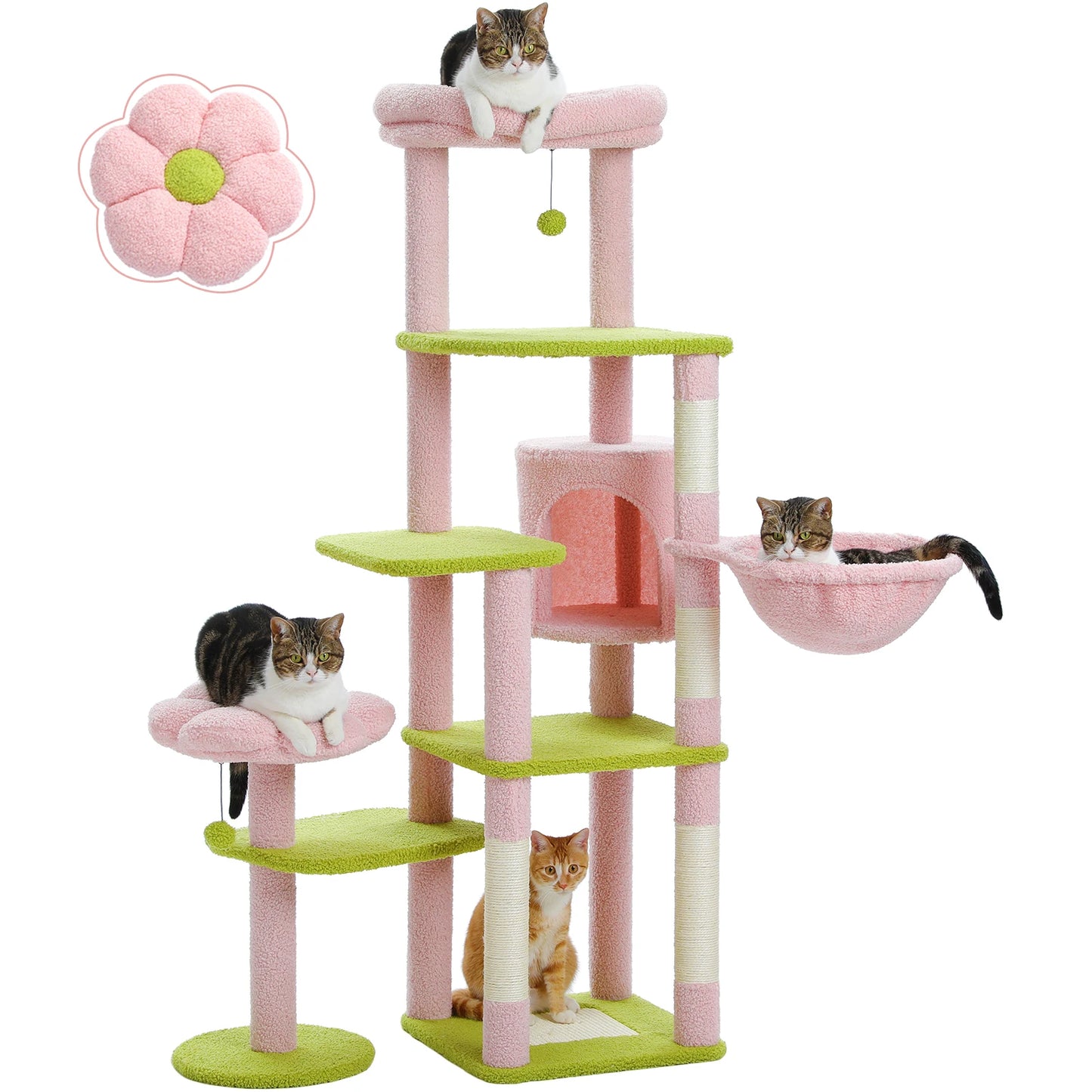 Multi-Level Cat Tree with Scratching Post Hammock Large Perches Hanging Balls Tall Cat Tower for Indoor Spacious Cat Condo House