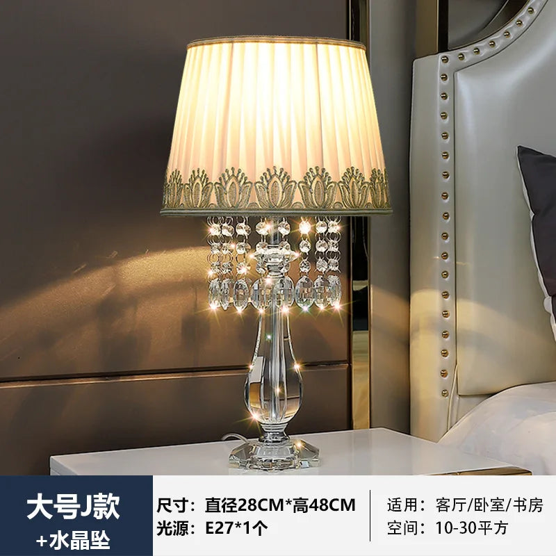 Modern Bedside Crystal Table Lamp with Ruched Fabric Lampshade Elegant Plug-in Crystal Chandelier Nightstand Room Decor
