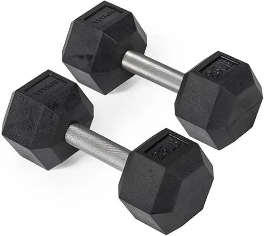 Titan Fitness 25-Pound Black Rubber Hex Dumbbells with Straight Stainless Steel Handles for Strength Training