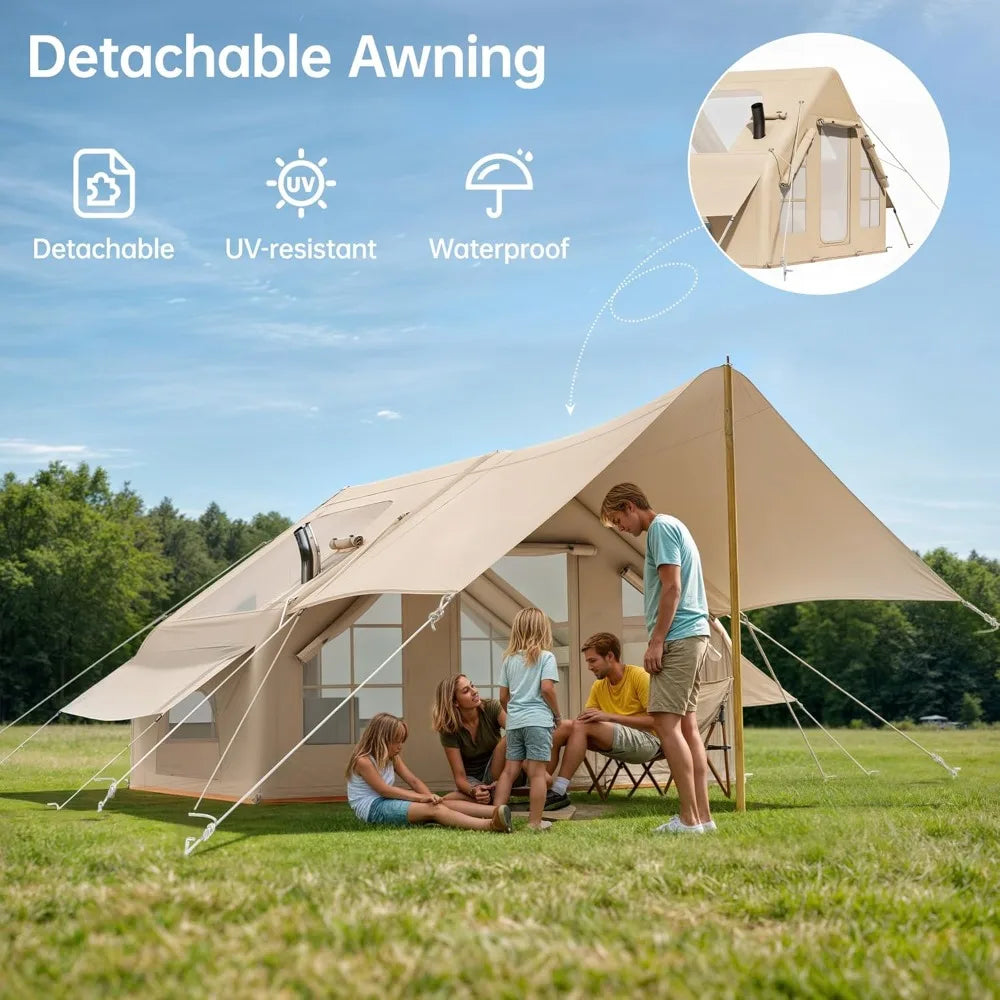 Inflatable Camping Tent with Pump & Awning,8-14 Person Air Tents for Camping Adult, Large Waterproof Oxford Family Glamping Tent