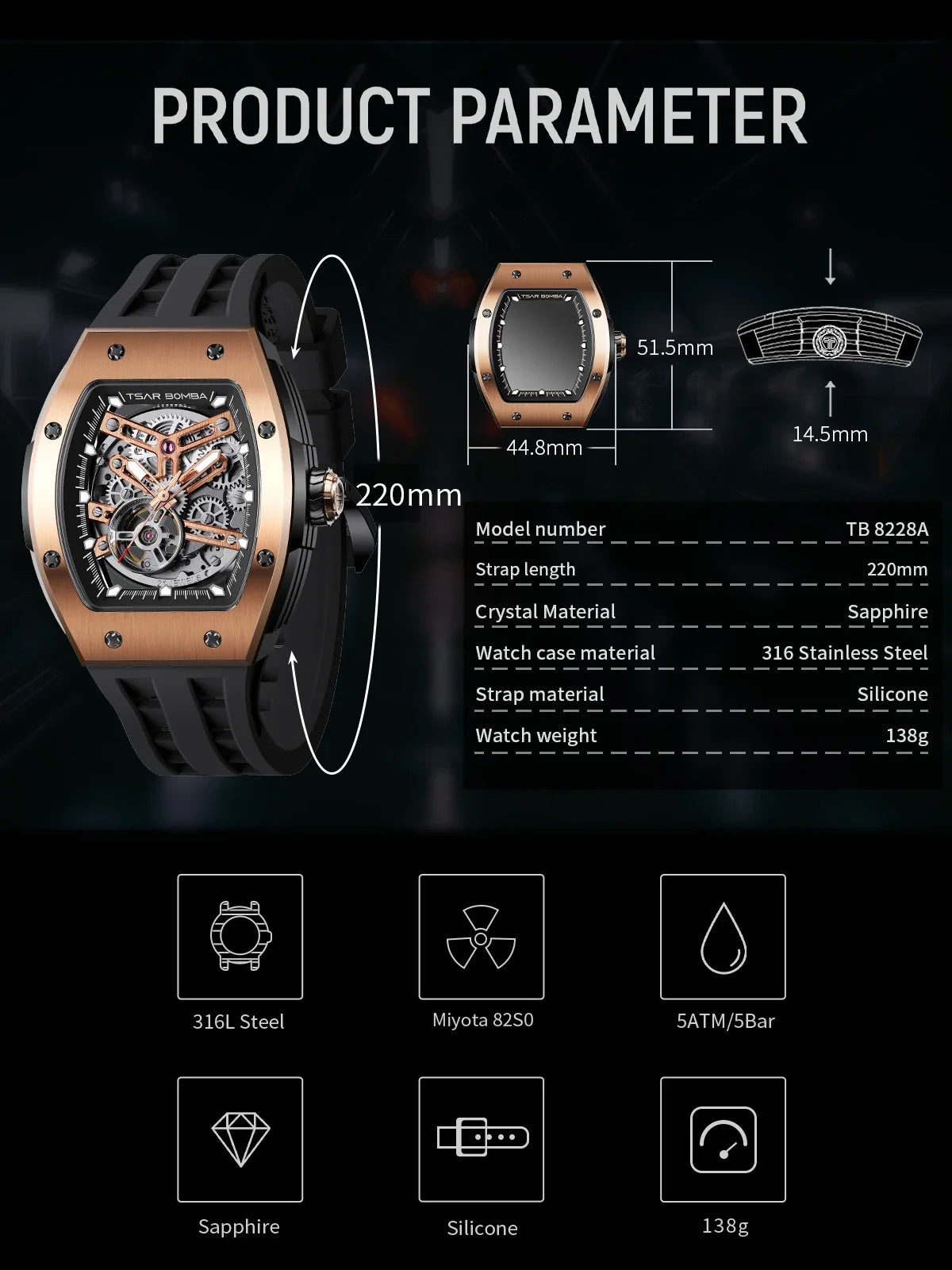 TSAR BOMBA Men Automatic Mechanical Watch Tonneau Shape Skeleton Design Stainless Steel Durable Elegant Business Style Watch