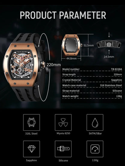 TSAR BOMBA Men Automatic Mechanical Watch Tonneau Shape Skeleton Design Stainless Steel Durable Elegant Business Style Watch